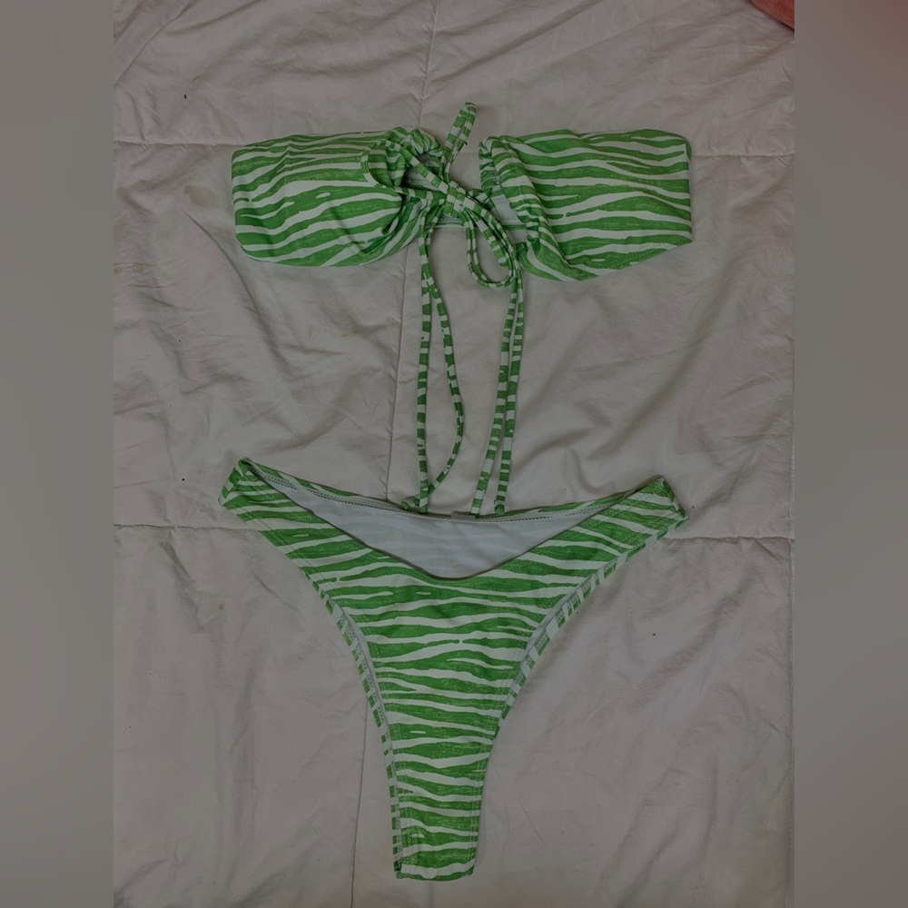 Bright green zebra print swimsuit